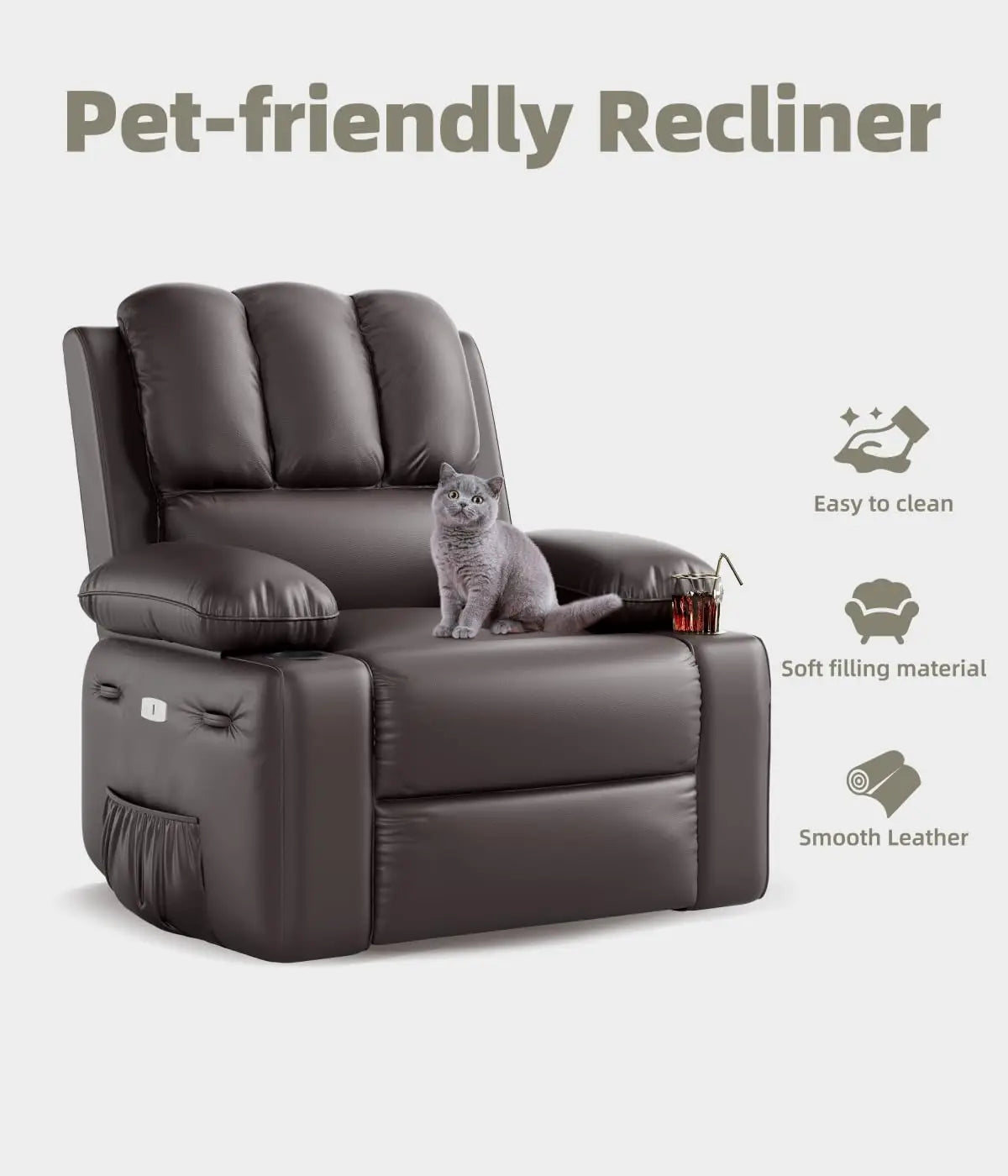 Oversized Recliner Chair With Massage and Heat Function, Adults Leather Single Sofa With Cup Holder For Living Room, Bedroom