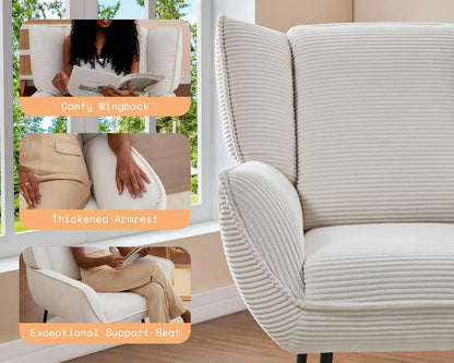 Accent Chair- Upholstered Living Room Chair with High Wingback, White Reading Armchair for Bedroom, Comfy Corduroy, Customized