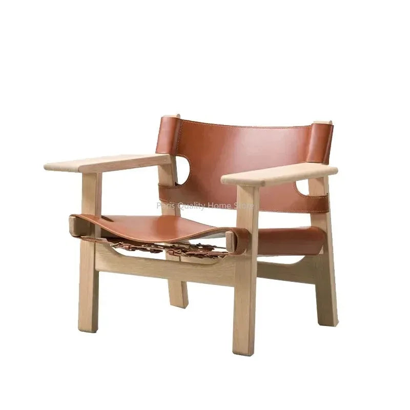 Nordic Solid Wood Design Saddle Leather Hunting Chair Living Room Balcony Wabi Sabi Single Deck Chair
