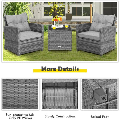 3Piece Outdoor Patio Furniture Set with Wicker Rattan Sofa and Cushions Tempered Glass Coffee Table Ideal for Poolside Backyard