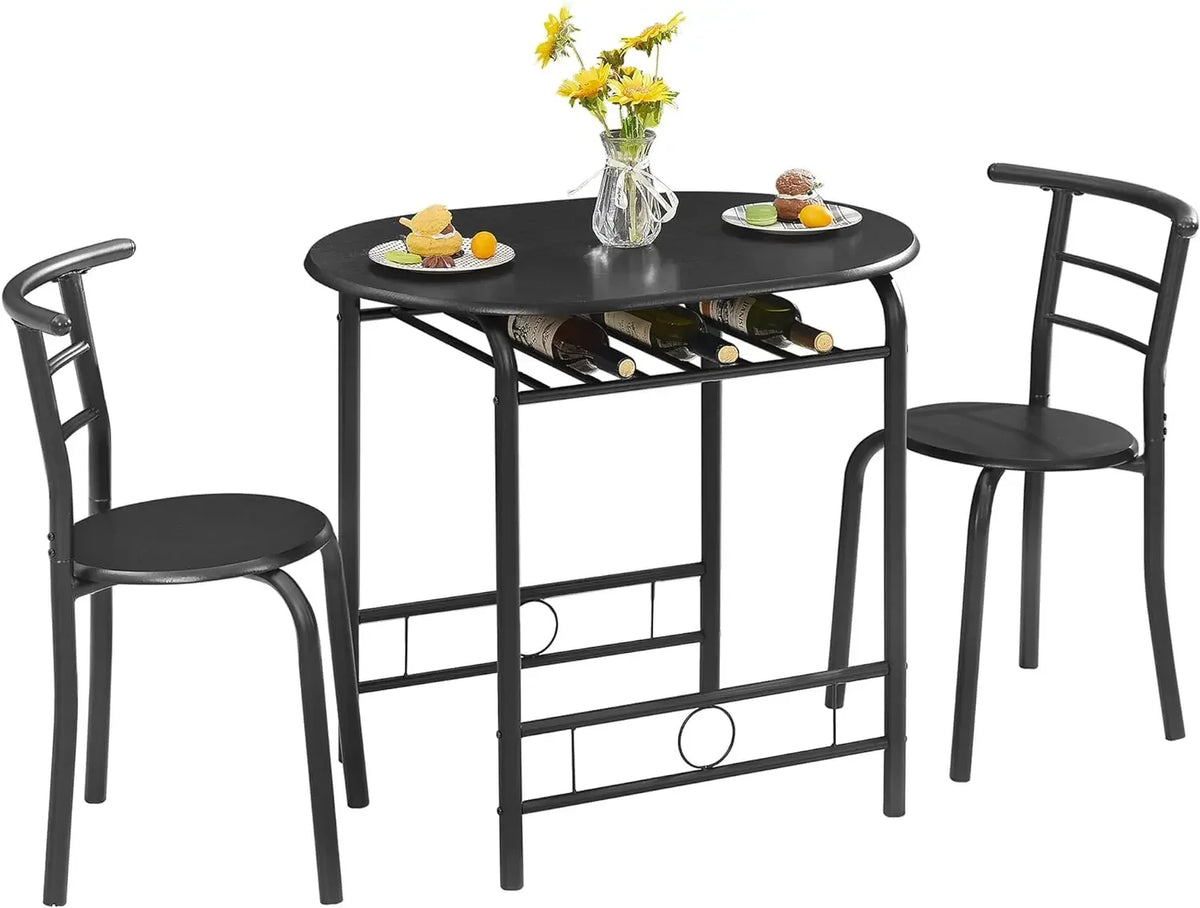 Premium 3 Piece Wood Round Table & Chair Set for Dining Room Kitchen Bar Breakfast, with Wine Storage Rack, Space Saving
