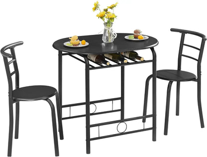 Premium 3 Piece Wood Round Table & Chair Set for Dining Room Kitchen Bar Breakfast, with Wine Storage Rack, Space Saving