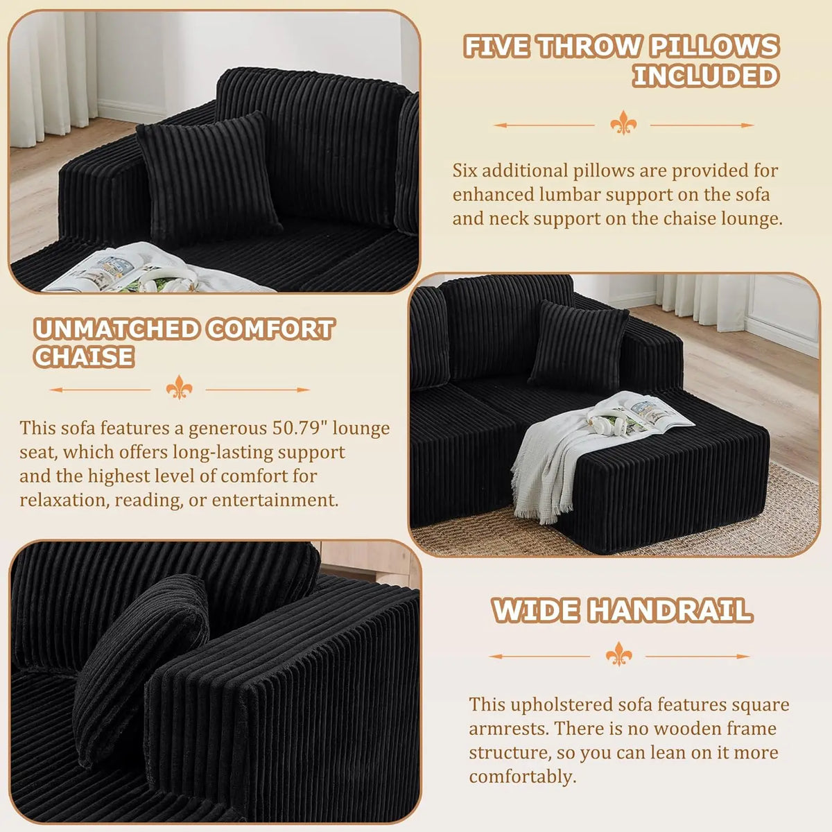 Modern Minimalist Sectional Sofa: L-Shape Cloud Couch with Deep Seats Right Chaise - Black