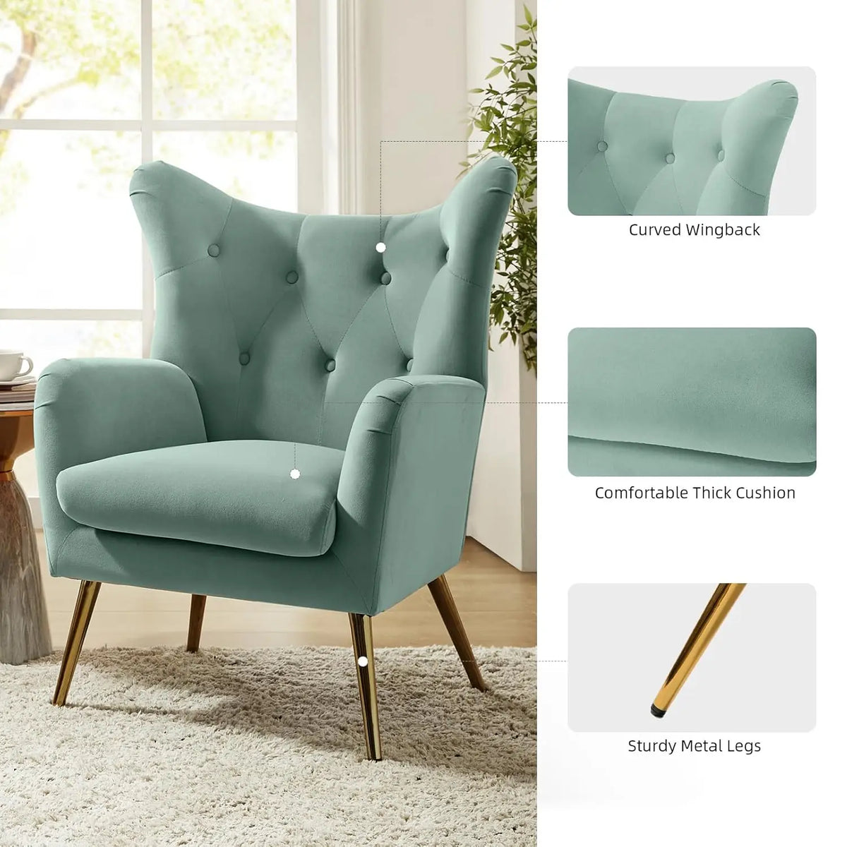 Velvet Accent Chair, Modern Wingback Arm Chair with Metal Gold Legs, Velvet Tufted Upholstered for Living Room, Customized