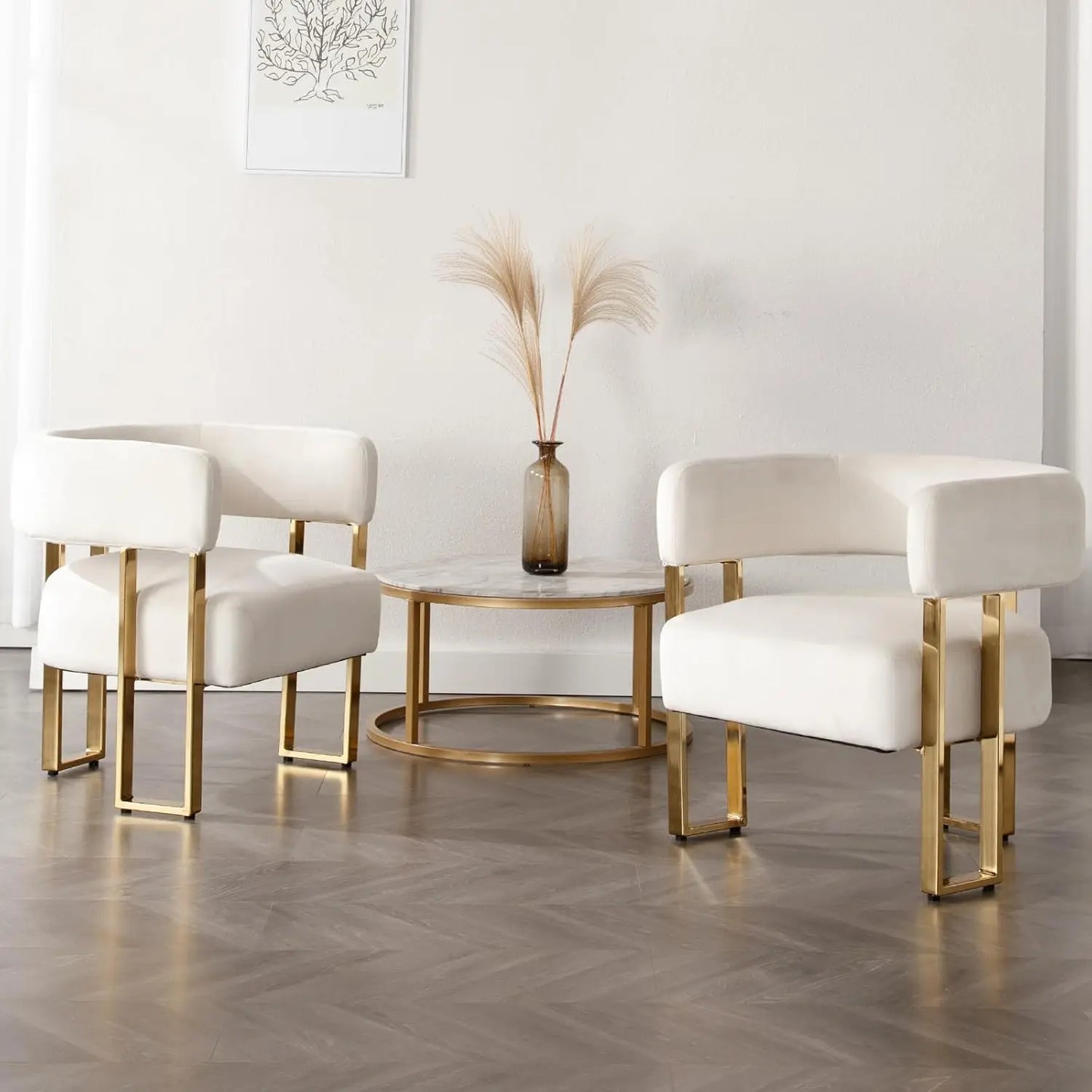 Modern Barrel Accent Chairs Set Of 2, Velvet Fabric Living Room Chairs With Gold Metal Legs, Comfy Upholstered Single Sofa