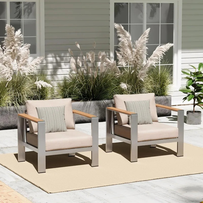 Aluminum Outdoor Patio Furniture Armchair, All-Weather Outdoor Patio Sofa with Washable Thick Cushion, Patio Sofa Couch Set of 2