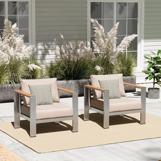 Aluminum Outdoor Patio Furniture Armchair, All-Weather Outdoor Patio Sofa with Washable Thick Cushion, Patio Sofa Couch Set of 2