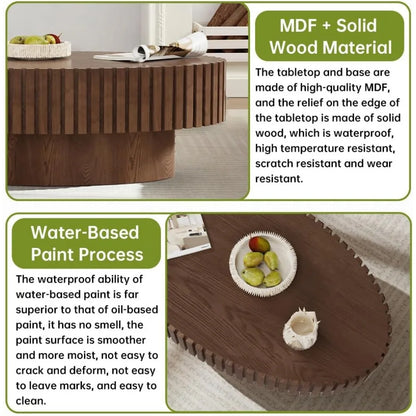 Oval Coffee Table, Brown Drum Fluted, Mid Century Modern, Irregular Pedestal Center, For Living Room Farmhouse