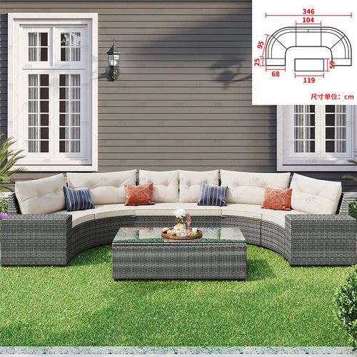 Sofa, courtyard, garden, leisure, outdoor living room, semi circular curved rattan chair, terrace, outdoor furniture combination