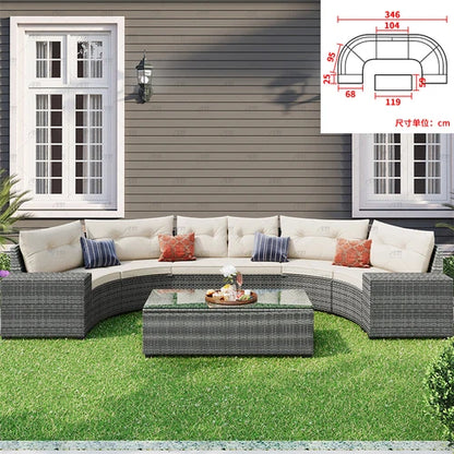 Sofa, courtyard, garden, leisure, outdoor living room, semi circular curved rattan chair, terrace, outdoor furniture combination