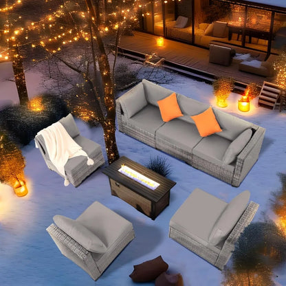 7 Pieces Outdoor Patio Furniture Set, Wicker Sectional Sofa Set Rattan Modular Patio Conversation Sets with Cushions Couch Set &