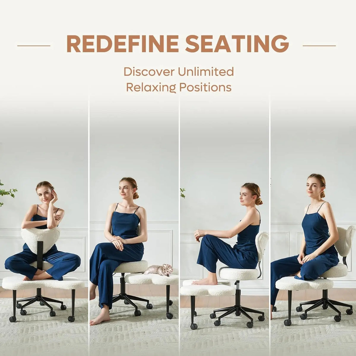 Ergonomic Meditation Chair with Wheels, Height Adjustable Seat, 360° Swivel, Strong Lumbar Support, Teddy Fabric, Off White