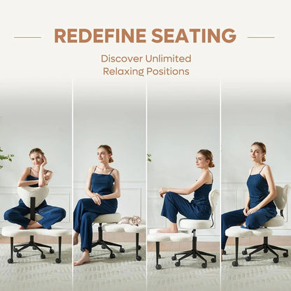 Ergonomic Meditation Chair with Wheels, Height Adjustable Seat, 360° Swivel, Strong Lumbar Support, Teddy Fabric, Off White