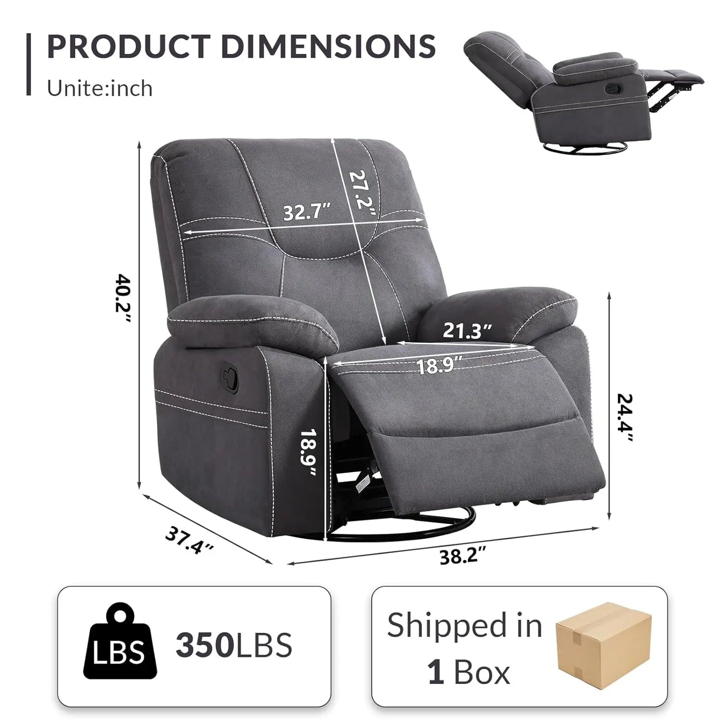 360° Swivel Rocker Recliner Chair For Adults, Manual RockingRecliner Chair With Overstuffed Backrest And Armrests,, Customized