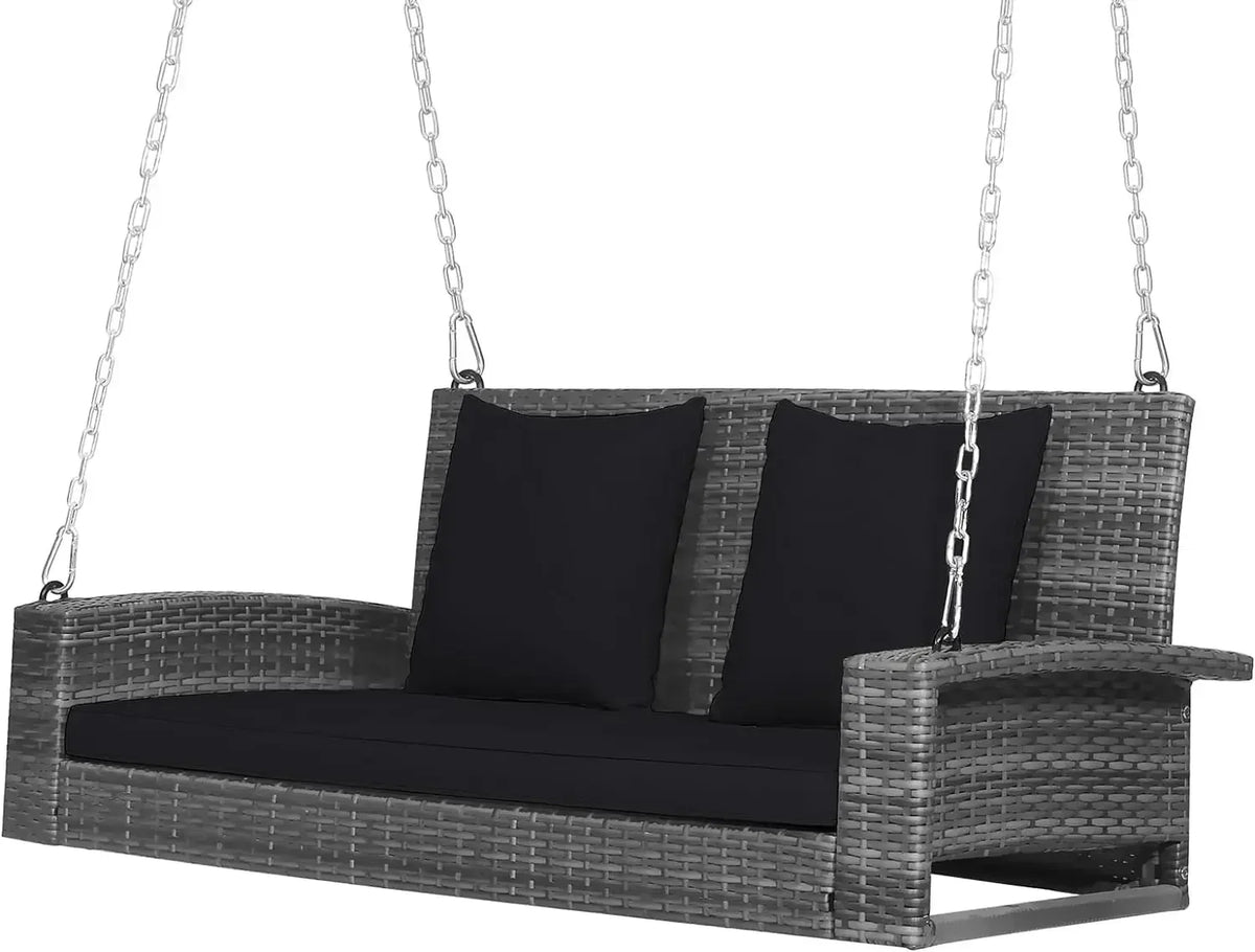 l Hanging Porch Swing, 2-Person Outdoor Wicker Swing Chair Bench With Cushions, Steel Chains For Garden, Backyard, Deck L