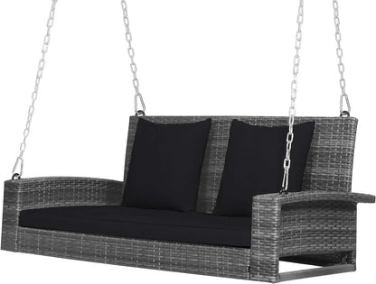 l Hanging Porch Swing, 2-Person Outdoor Wicker Swing Chair Bench With Cushions, Steel Chains For Garden, Backyard, Deck L
