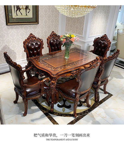 European-style all-solid wood dining table and chairs, living room, luxury villa home square table, French glass dining table