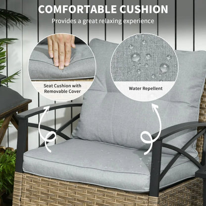 Rocking Bistro Set 3PC Wicker Outdoor Furniture with Rocker Chairs Cushions Coffee Table Light Grey