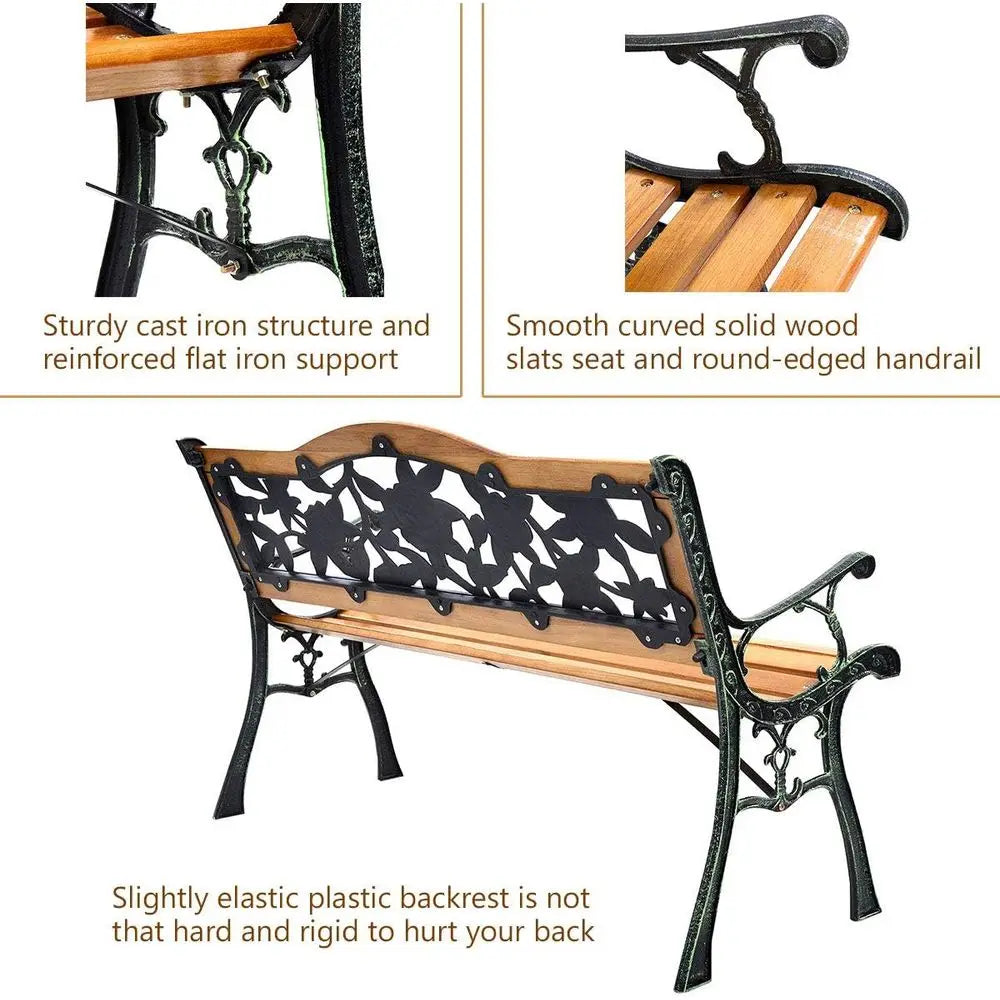 50 Outdoor Patio Bench, Cast Iron & Hardwood Loveseat, Weather-Resistant 2-Person Porch Furniture