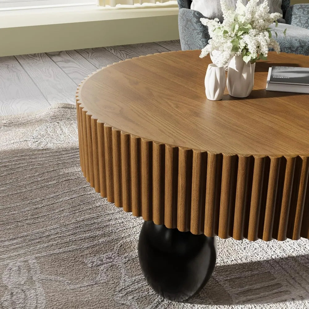 31.5 Inch round Fluted Coffee Table Farmhouse Luxury 3-Leg Base Natural Wood Veneer for Small Spaces