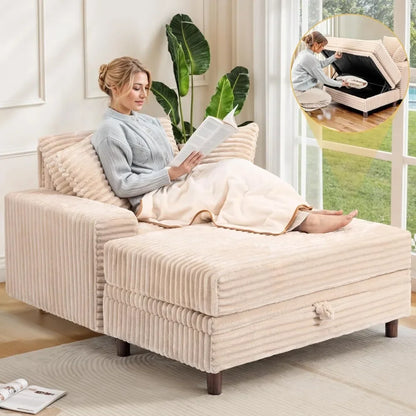 54" Oversized Chaise Lounge Chair Indoor, Comfy Sofa Bed with Storage and Ottoman, Upholstered Reading Chairs Cloud Couches, Kha