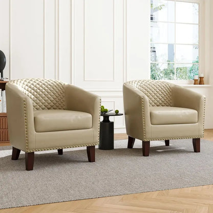 Faux Leather Accent Barrel Chair with Nailed Trim, Comfortable Club Chair for Living Spaces (Beige, 1 Set)
