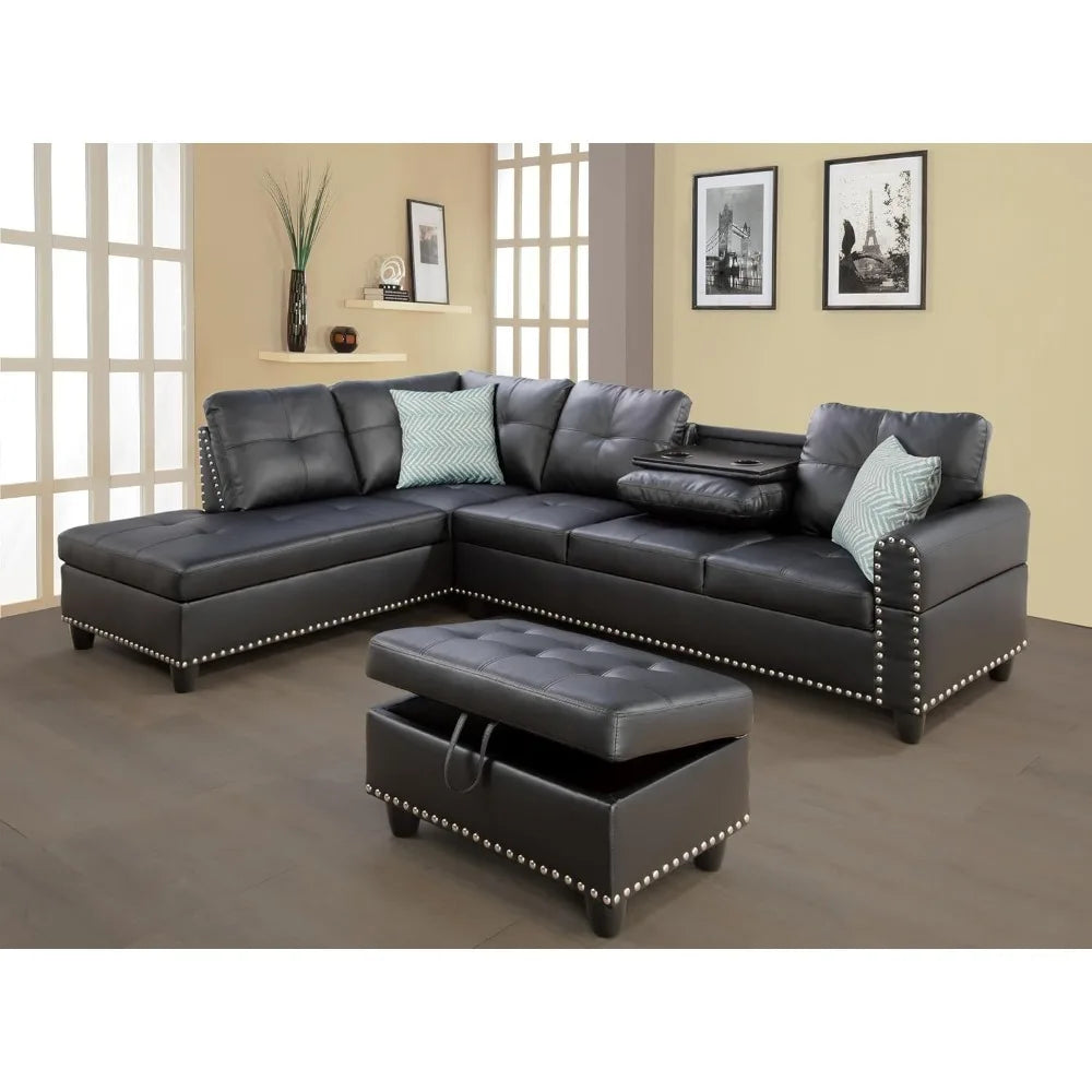 modern 4-seaters living room furniture sets with chaise lounge, ottoman & 2 pillows | l shape couch