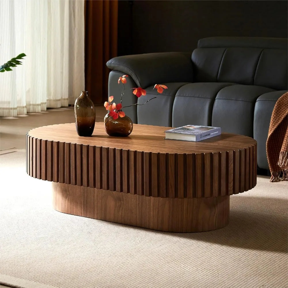 Modern Drum Style Wooden Coffee Table, 43.7" Diameter, for Living Room and Tea Time