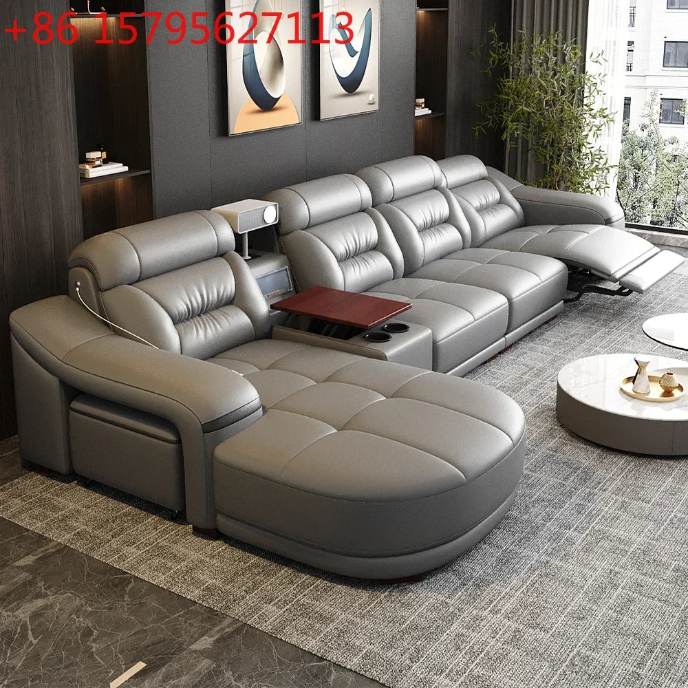 MANBAS Genuine Leather Living Room Sofas Sets Power Reclining Couch Electric Recliners With Projector, USB, Speaker & Cup Holder