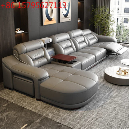 MANBAS Genuine Leather Living Room Sofas Sets Power Reclining Couch Electric Recliners With Projector, USB, Speaker & Cup Holder
