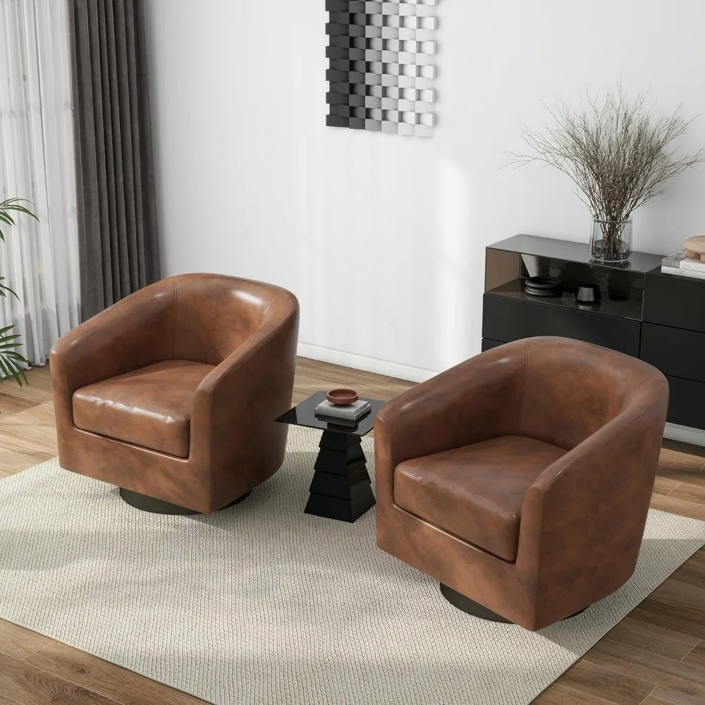 Faux Leather Swivel Barrel Accent Chairs, 360° Swivel Round Single Sofa Chair, Comfy Upholstered Club Armchair for Liv