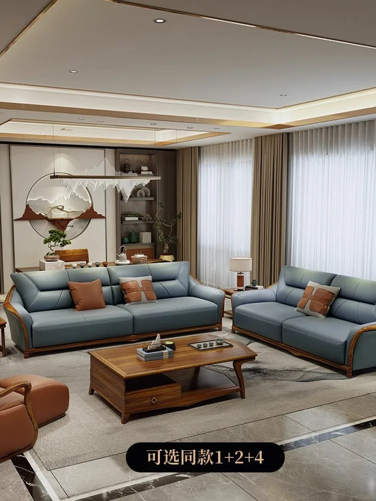 solid wood sofa leather first layer cowhide thick leather new Chinese style living room size apartment sofa combination set
