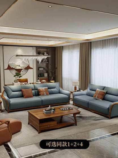 solid wood sofa leather first layer cowhide thick leather new Chinese style living room size apartment sofa combination set