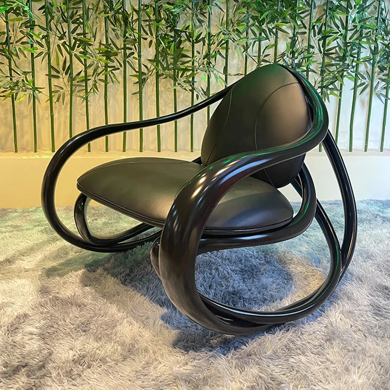 Rocking chair, solid wood balcony, living room, fiberglass casual leather sofa