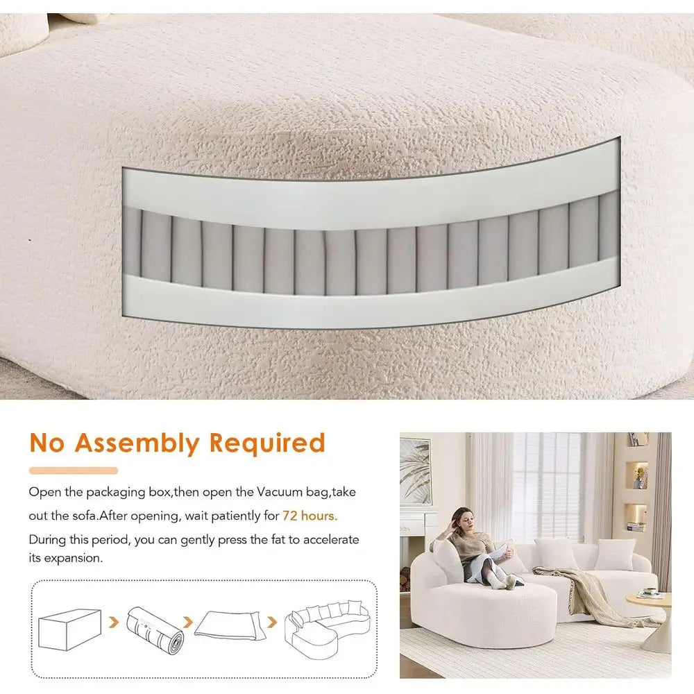 Curved Sectional Sofa, Oversized L-Shape Deep Seating Cloud Sofa, 4-Seater Chenille Couch with Chaise, Ready to Use, Beige White
