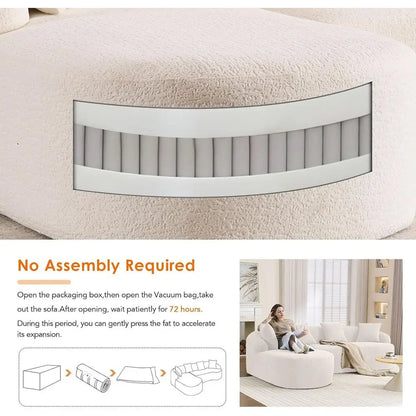 Curved Sectional Sofa, Oversized L-Shape Deep Seating Cloud Sofa, 4-Seater Chenille Couch with Chaise, Ready to Use, Beige White