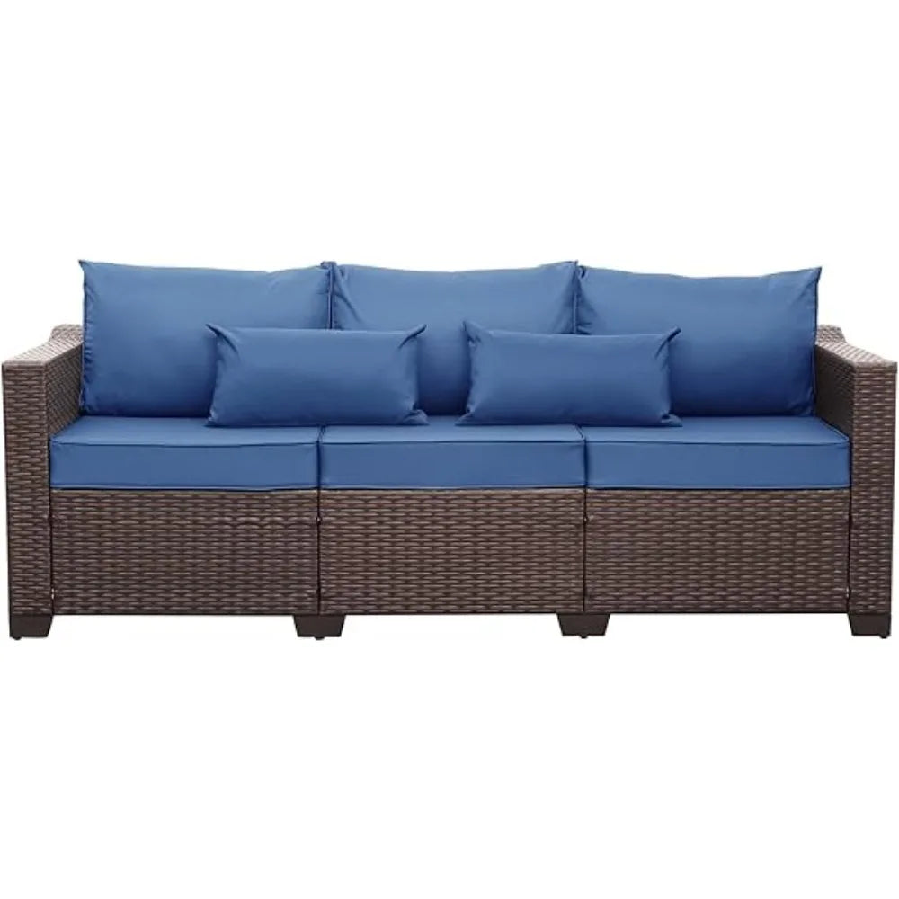 3Seat Comfortable Patio Sofa,Wicker Rattan Outdoor Couch,Steel Frame;Deep Seat High Back,Blue AntiSlip Cushions, Furniture Cover