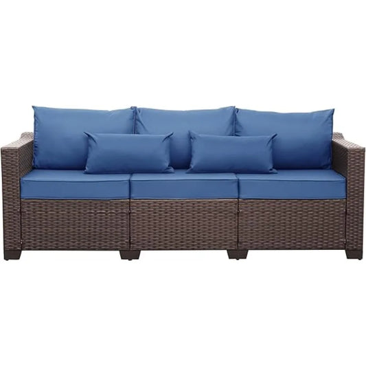 3Seat Comfortable Patio Sofa,Wicker Rattan Outdoor Couch,Steel Frame;Deep Seat High Back,Blue AntiSlip Cushions, Furniture Cover