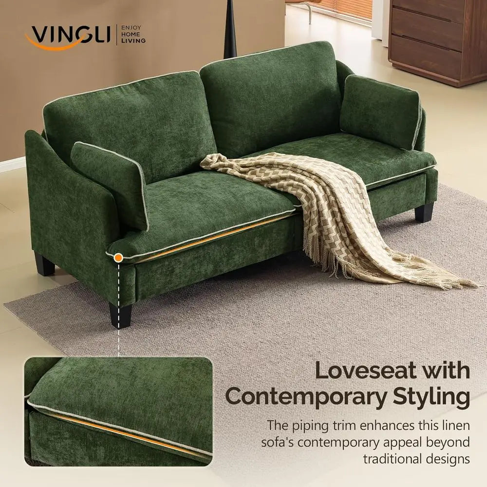 Extra Deep Seat 3-Seater Sofa with Piped Cushions and Throw Pillows, Linen Velvet Fabric for Living Room, Bedroom, or Office