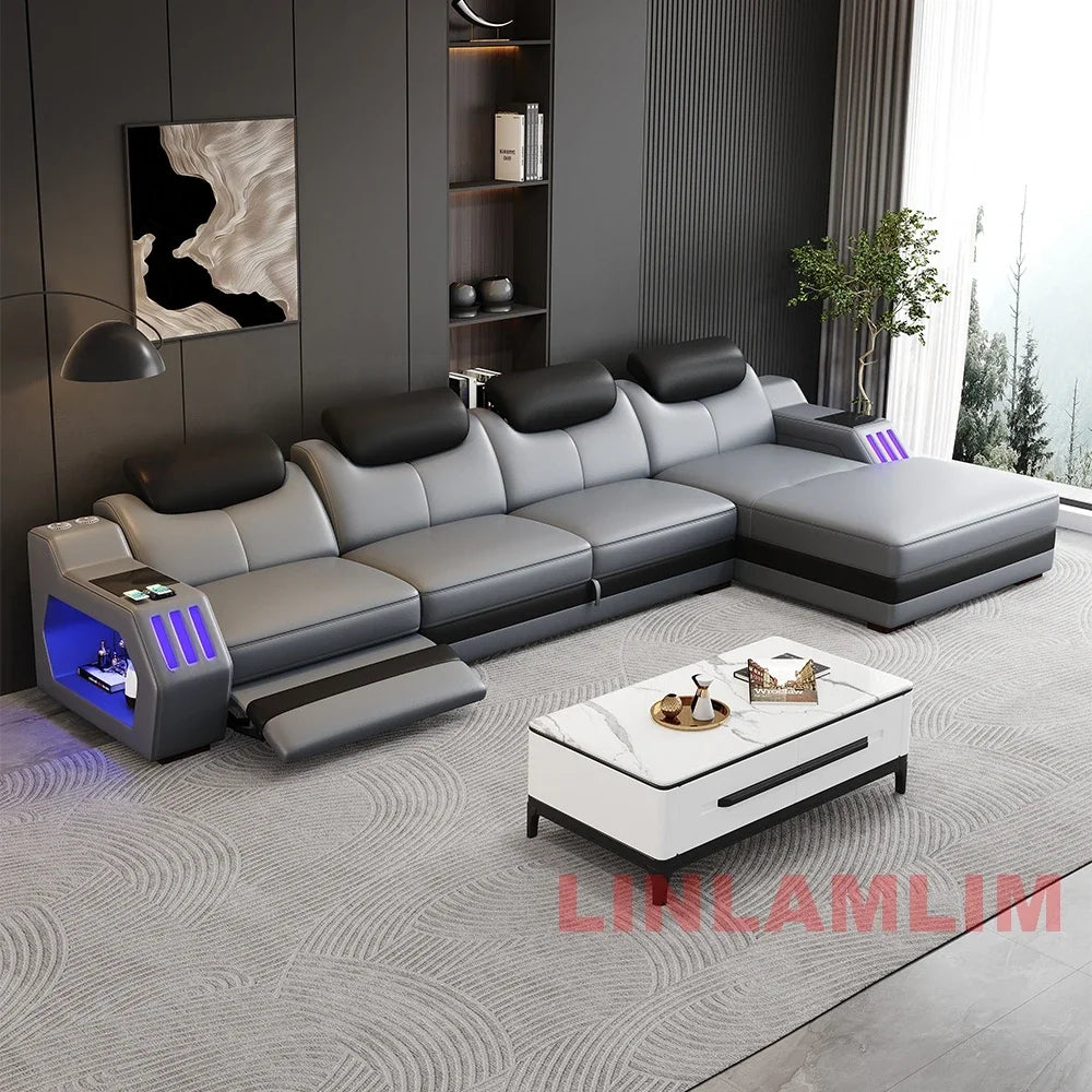 NEW Modern L-Shaped Sectional Sofa Bed with Adjustable Headrests & LED Lights, Genuine Leather Recliner Couch with Storage & USB