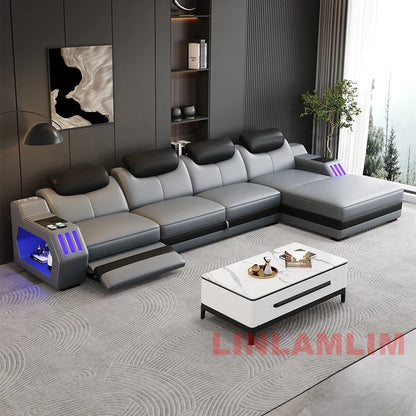 NEW Modern L-Shaped Sectional Sofa Bed with Adjustable Headrests & LED Lights, Genuine Leather Recliner Couch with Storage & USB