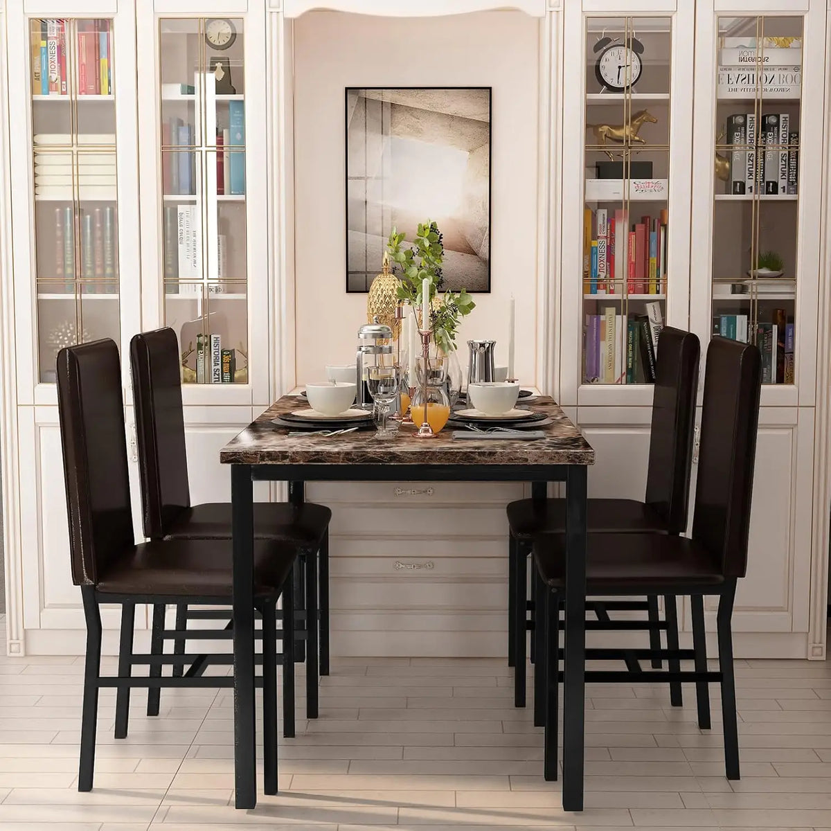 Faux Marble Dining Table Set for 4, PU Leather Chairs, Modern Kitchen Table & Chairs, Coffee Color