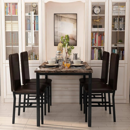 Faux Marble Dining Table Set for 4, PU Leather Chairs, Modern Kitchen Table & Chairs, Coffee Color