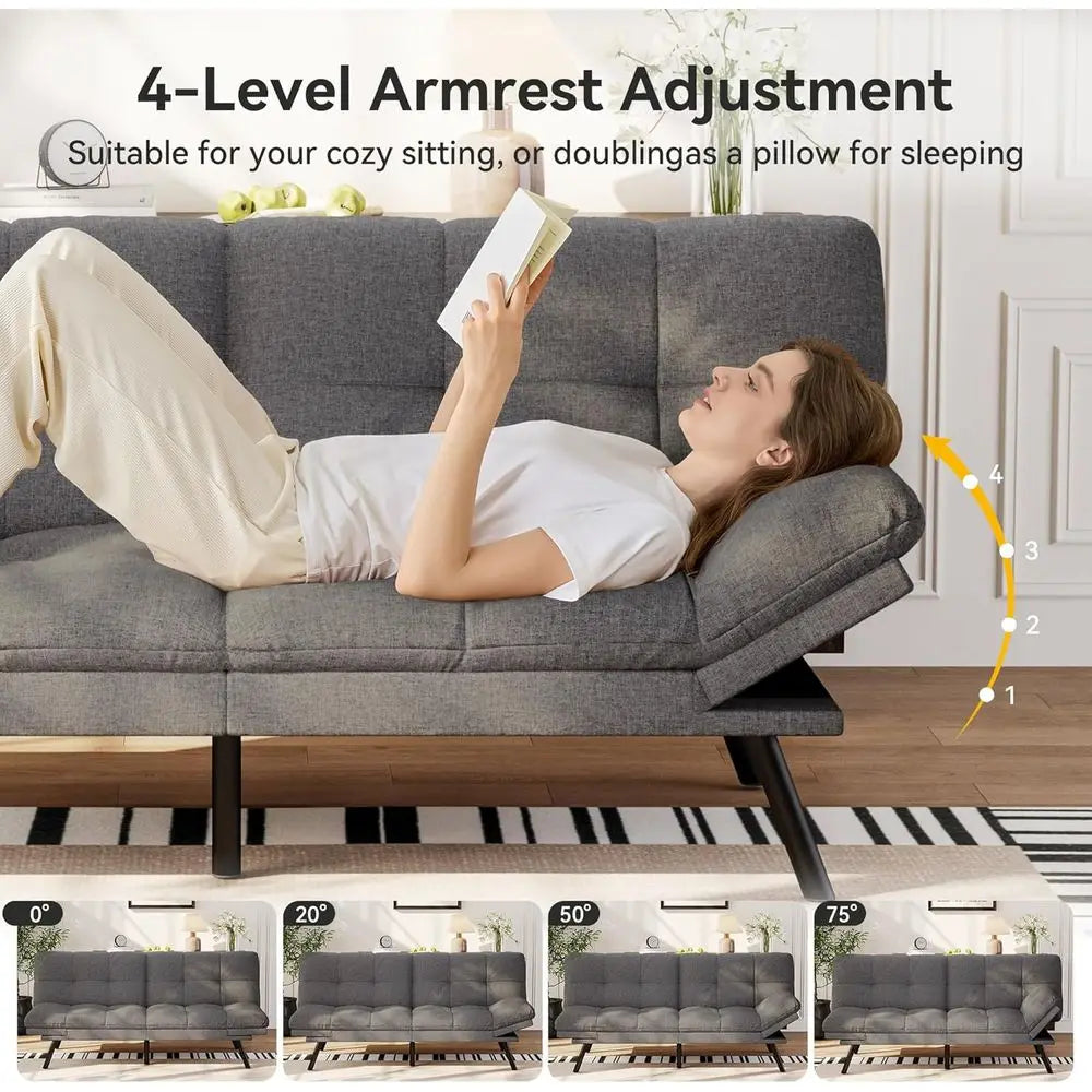 Convertible Sofa Bed with Grey Linen Upholstery, Detachable Cushion, Adjustable Backrest & Armrest, Ideal for Small Recliner Lov