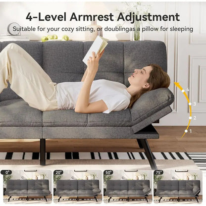 Convertible Sofa Bed with Grey Linen Upholstery, Detachable Cushion, Adjustable Backrest & Armrest, Ideal for Small Recliner Lov