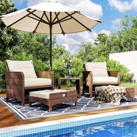 Outdoor Patio Wicker Chair Set for 5 with Ottoman, Cushions, and Coffee Table Conversation Area