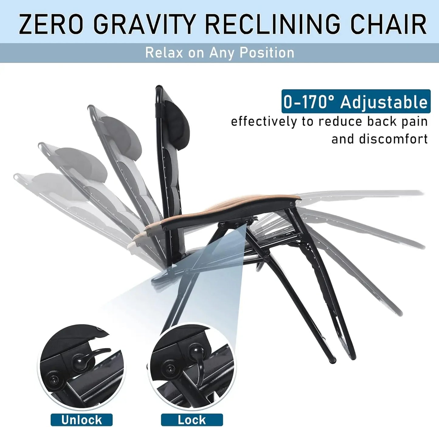 Foldable Patio Recliner, Oversized Padded Zero Gravity Chair, 30" Wide Seat Anti Gravity Lounger
