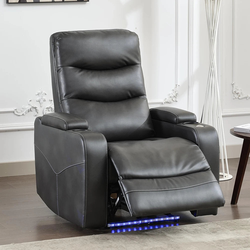 Power Recliner Chair With LED Light, USB Port, Cup Holder Tray Table Faux Leather Electric Reclining Chair Home Theater Seating