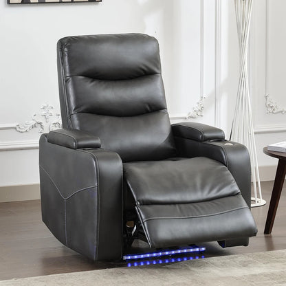 Power Recliner Chair With LED Light, USB Port, Cup Holder Tray Table Faux Leather Electric Reclining Chair Home Theater Seating