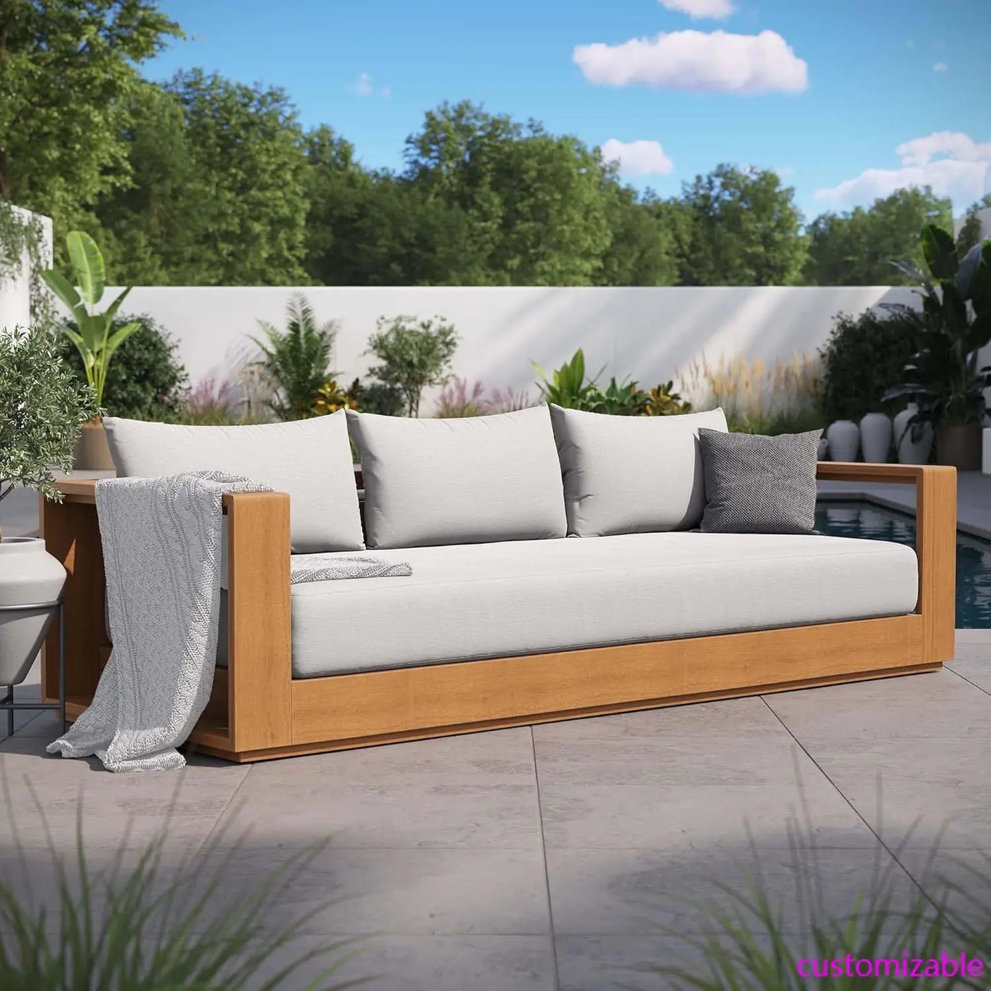 Tahoe Acacia Wood Outdoor Patio Sofa in Natural Light Gray Weather-Resistant Cushions-Ideal as a Porch Couch or Sunroom Sofa